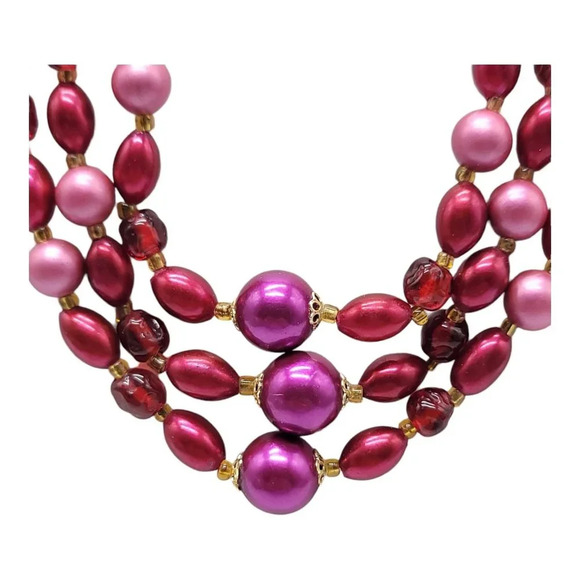 Japan High End Multi Strand Pink Red Maroon Glass Acrylic Bead Mix Ornate Clasp - Picture 2 of 5